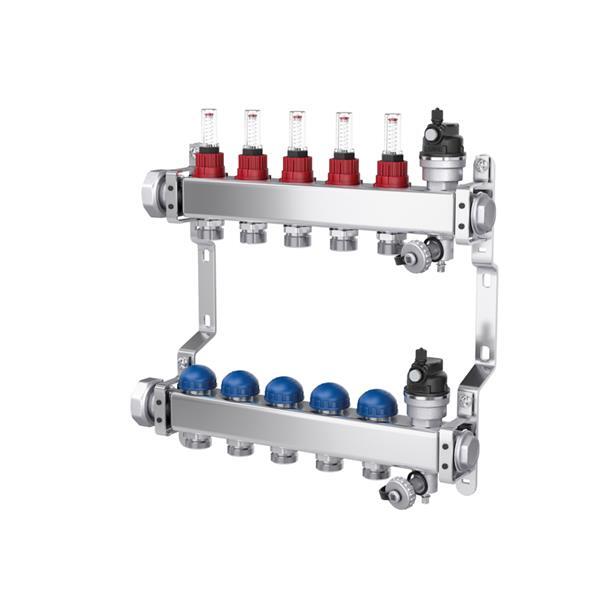 4/21 Radson vloerverwarmingscollector 4/4 in inox 12 uitgangen 3/4EK met ontluchting, met regelventiel, met topdebietmeter.